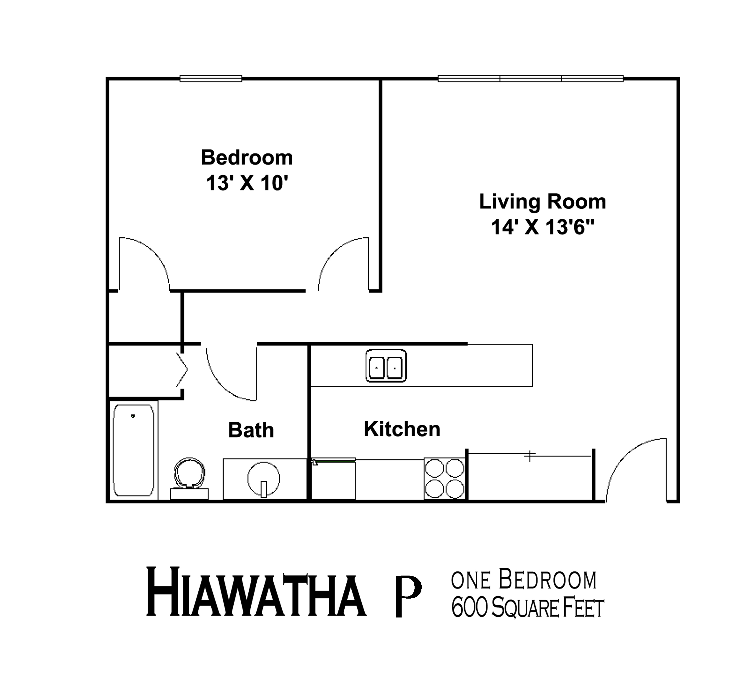 Floor plan for 1 bed, 1 bath, 600 sqft